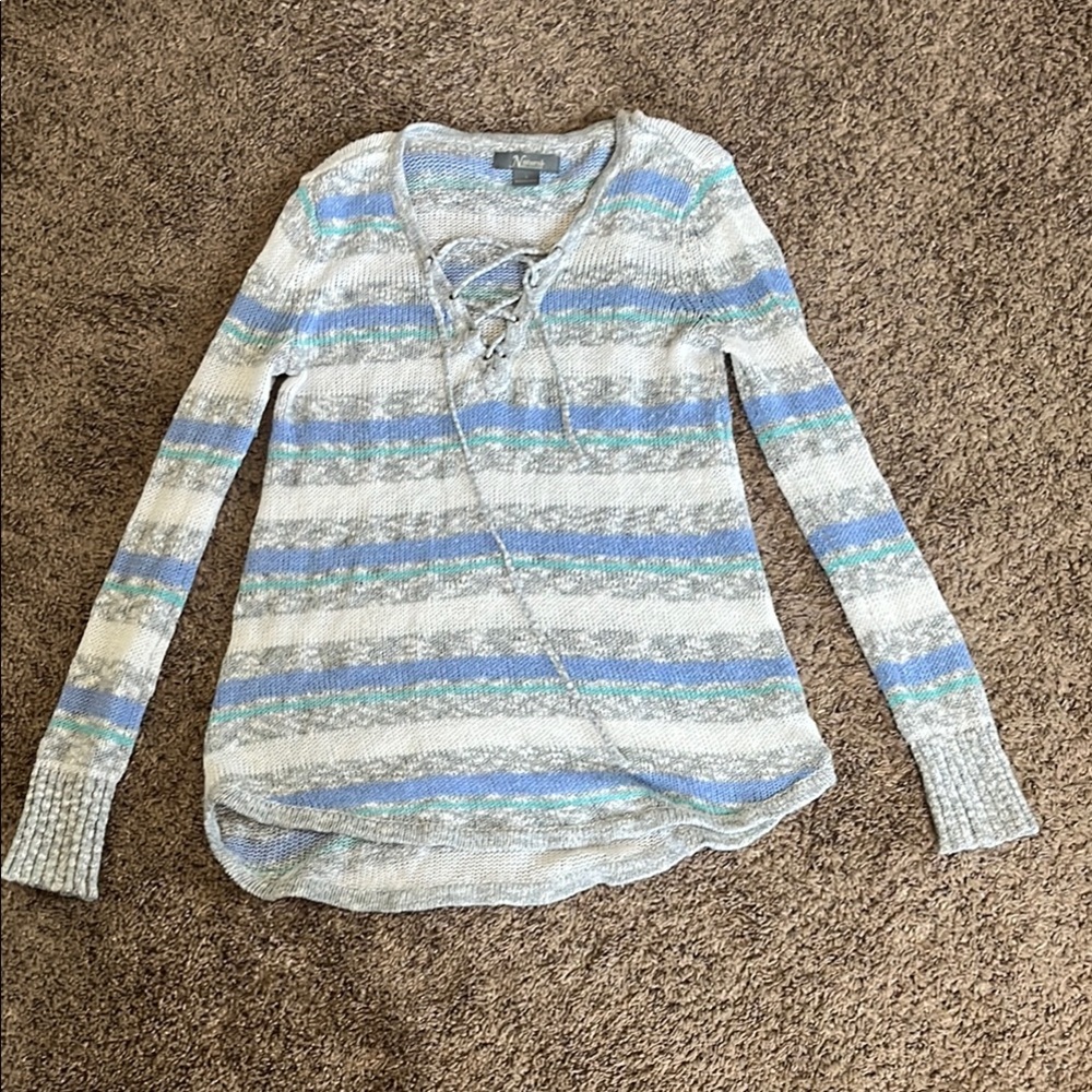 Natural Reflections Striped Lace-Up Knit Sweater Top